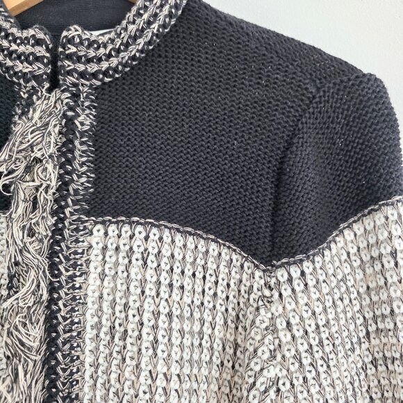 Chico's Black and White Geometric Knit Cardigan Fringe Sweater Jacket - Picture 4 of 12